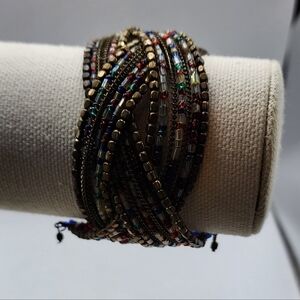 multi-color bead bracelet Memory Wire Wrap Cuff Sead Bead Braided Gold Tone